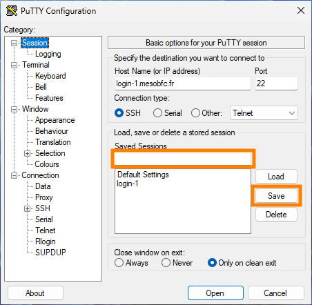 PuTTY save session